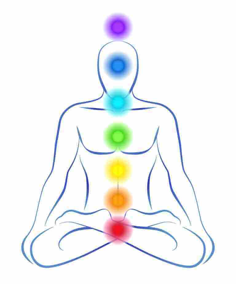 The 7 Chakras illustrated on an outline of a man