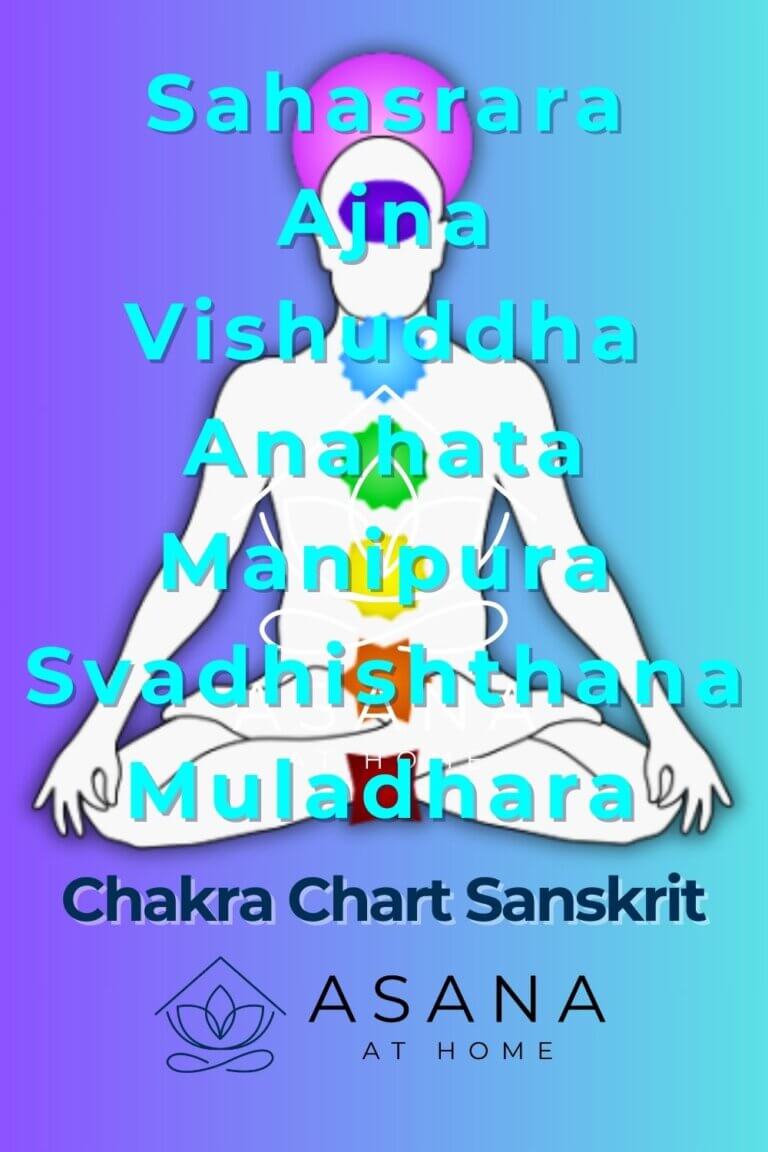outline of a man. 7 chakras shown on a chart labeled in Sanskrit