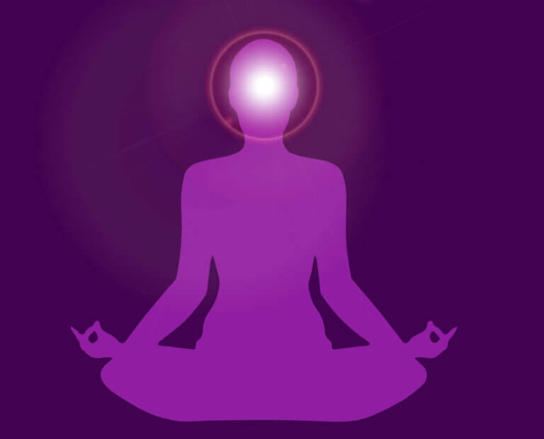 Silloette of a person sitting in yoga meditation with a bright purple light coming from their forhead, the location of the Third Eye "Ajna" Chakra. meditation on the colour purple to address the blocked third eye chakra symptoms