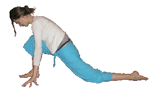 Young woman performing baby dragon Yoga pose. front knee is bent and above knee back leg is bent and knee on the gorund