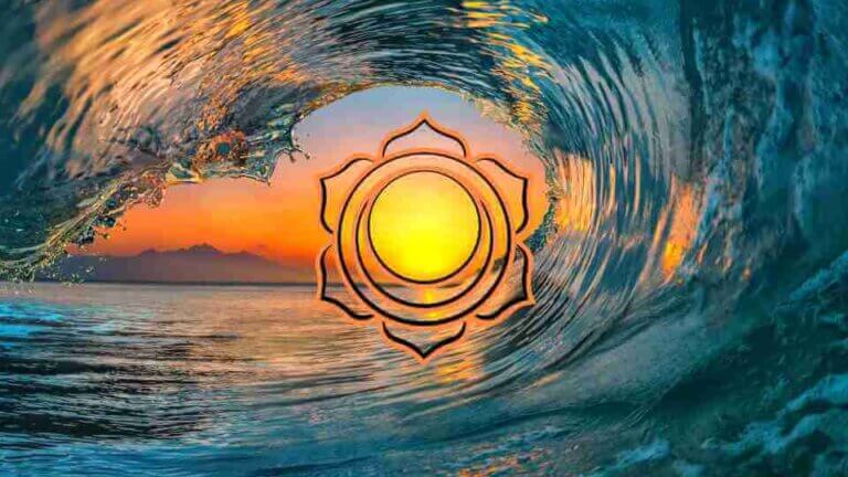sacral chakra symbol, orange circles with flower like petals, over top of a sunset through a wave in the ocean. sacral chakra awakening symptoms