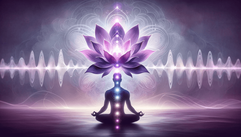 an image depicting Sahasrara, the crown chakra meaning, frequency, purple chakra silhouette