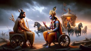 image of a conversation between Prince Arjuna and the god Lord Krishna, who serves as his charioteer. the image depicts how the bhagavad gita quotes on positive thinking came about
