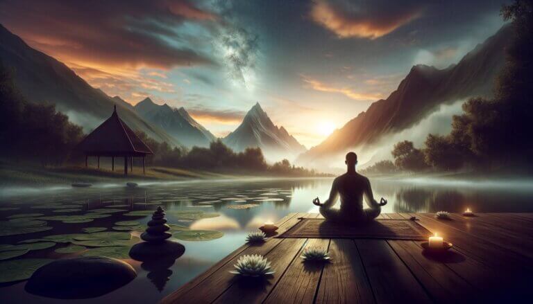 image of a man sitting on dock. there is a lake. meditating of bhagavad gita quotes on positive thinking