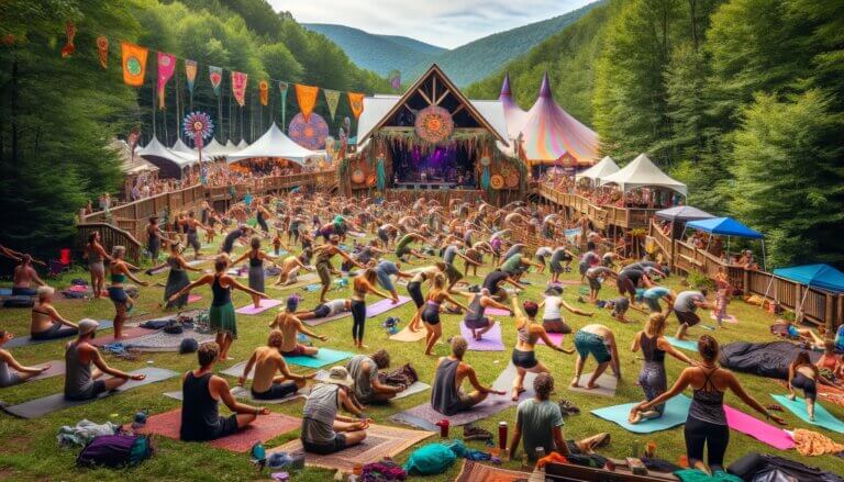 image of many people sitting on yoga mats at a yoga festival yoga conference