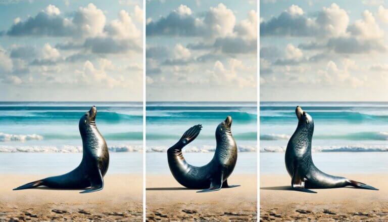 photo-realistic images of a seal, each positioned in a way that resembles the Seal yoga pose.