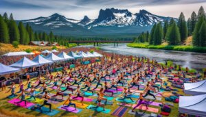 far away image of many people practicing at a yoga festival or yoga conference