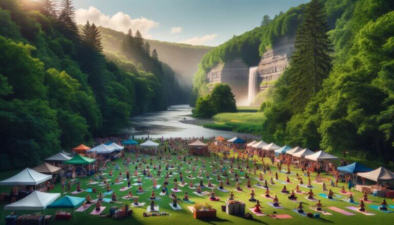 image of many people practicing at a yoga festival yoga conference in a valley with a river