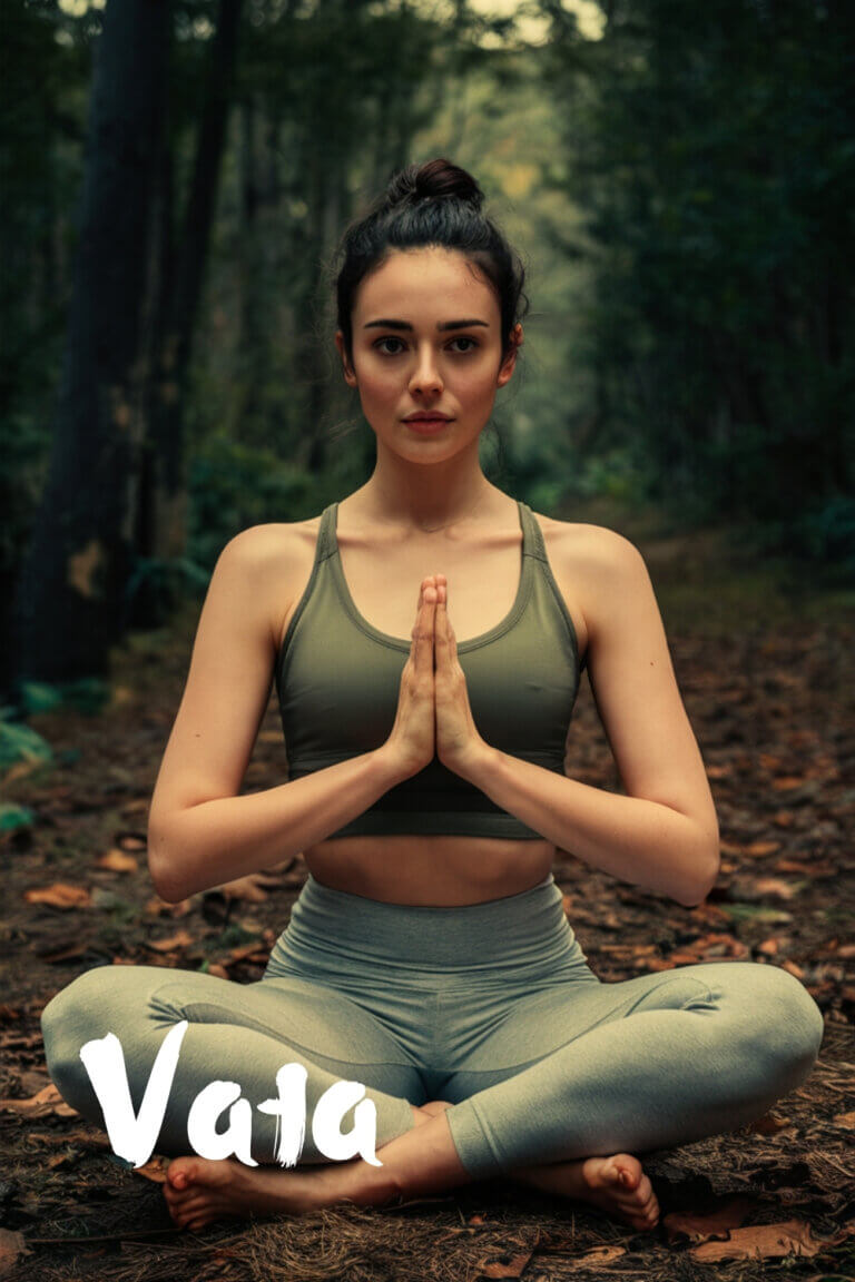 woman sitting in the forest. she has a vata yoga body type ayurveda