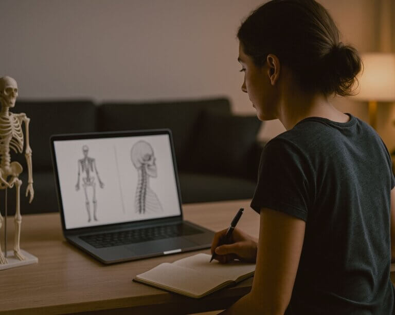 Yoga teacher studying anatomy online at home