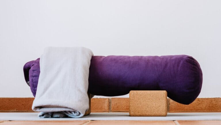 Yoga mat, blocks, and blanket for Hatha yoga at home
