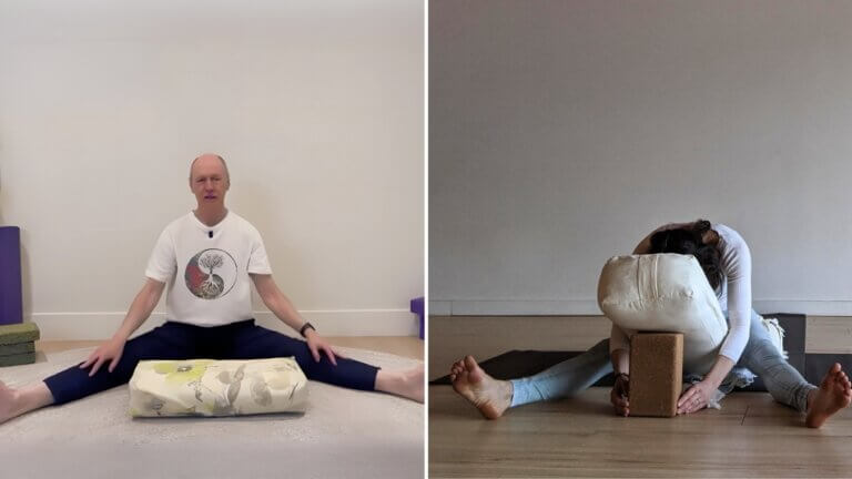 Bernie Clark and Katie connolly demonstrating how props are used restorative vs yin yoga