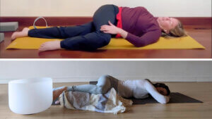 Split screen. Top woman demonstrating yin yoga twist pose. Bottom woman demonstrating restorative yoga twist pose