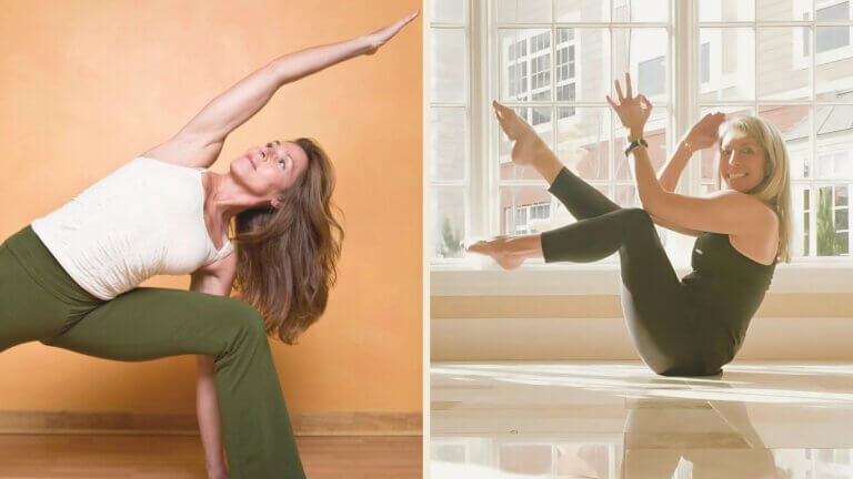 Nathalie Keiller in Extended Side Angle beside Michelle Burks in Boat Pose.