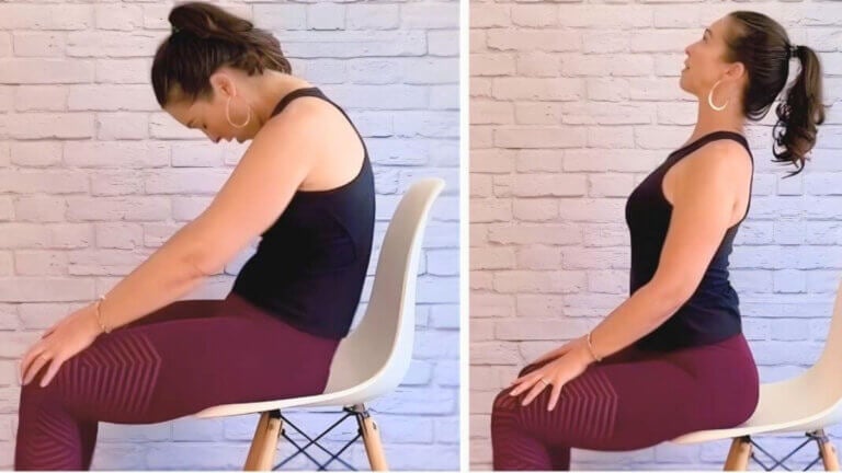 Christina Raskin demonstrating seated Cat–Cow chair yoga, rounding her back on the left and gently arching on the right.